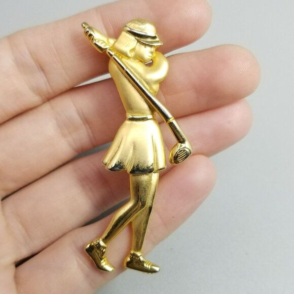 Vintage J.J. Lady Woman Golfer Gold Told Brooch, Golf Lapel Pin Signed, Estate - Picture 6 of 7